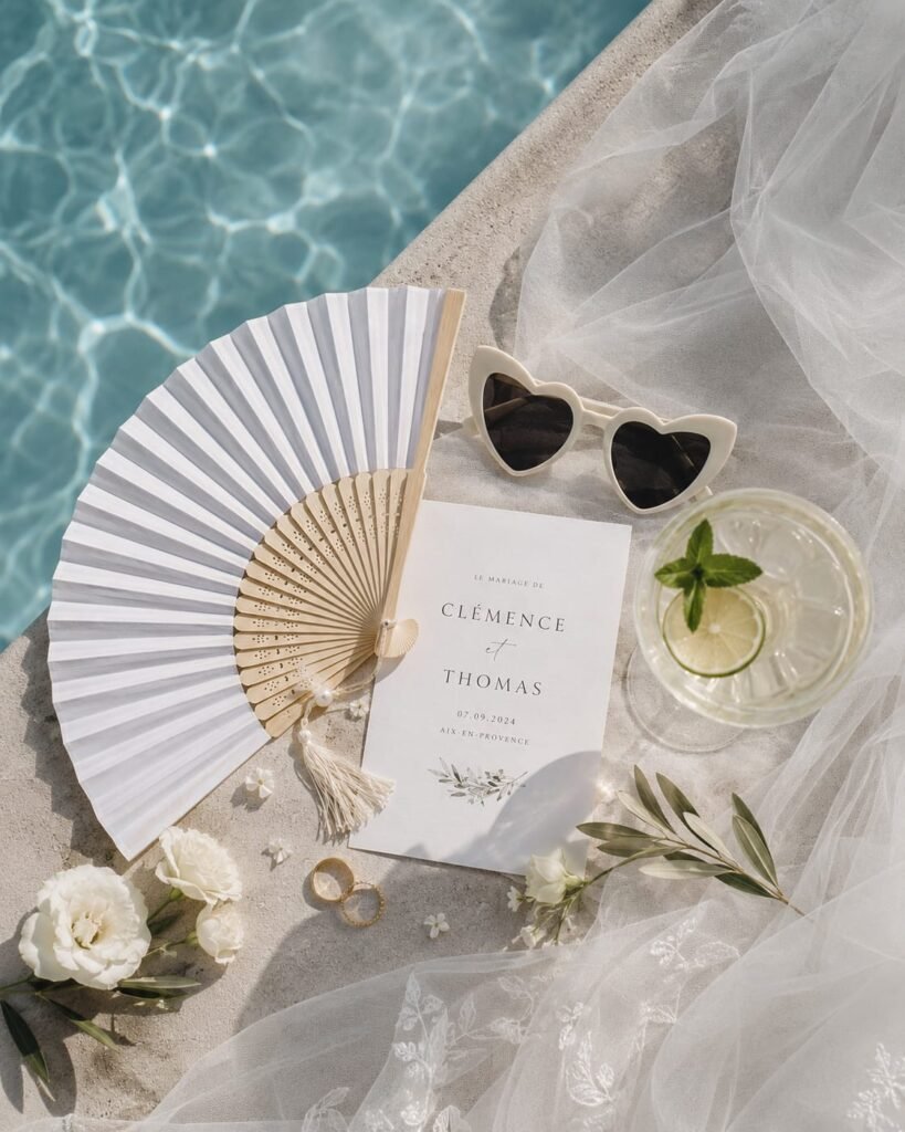 Lunette de soleil, cocktail et piscine d'une jeune mariée célébrant son union en Camargue. Mariage organisé par JAIME WEDDING..